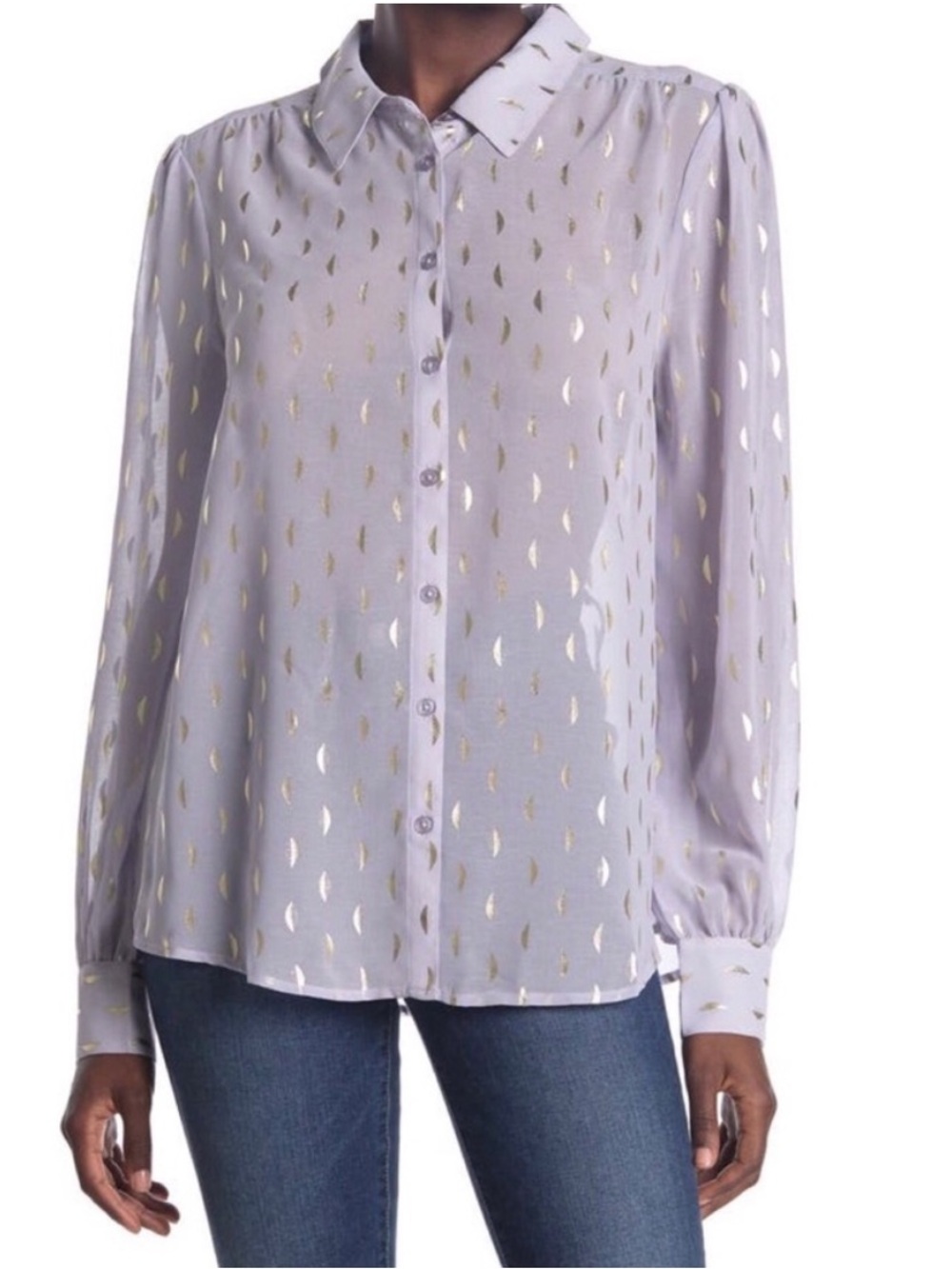 Lavender Button-Down Blouse with Gold Foil Motif XS